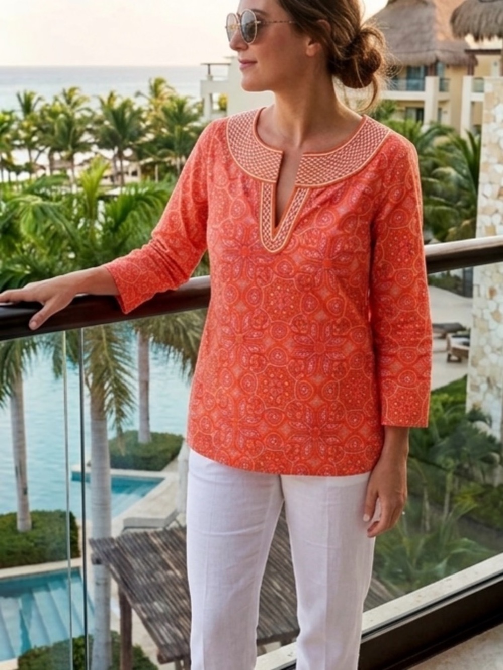Talbots Cotton Lycra Orange Pink Intriquite Embroidered Neck Tunic M